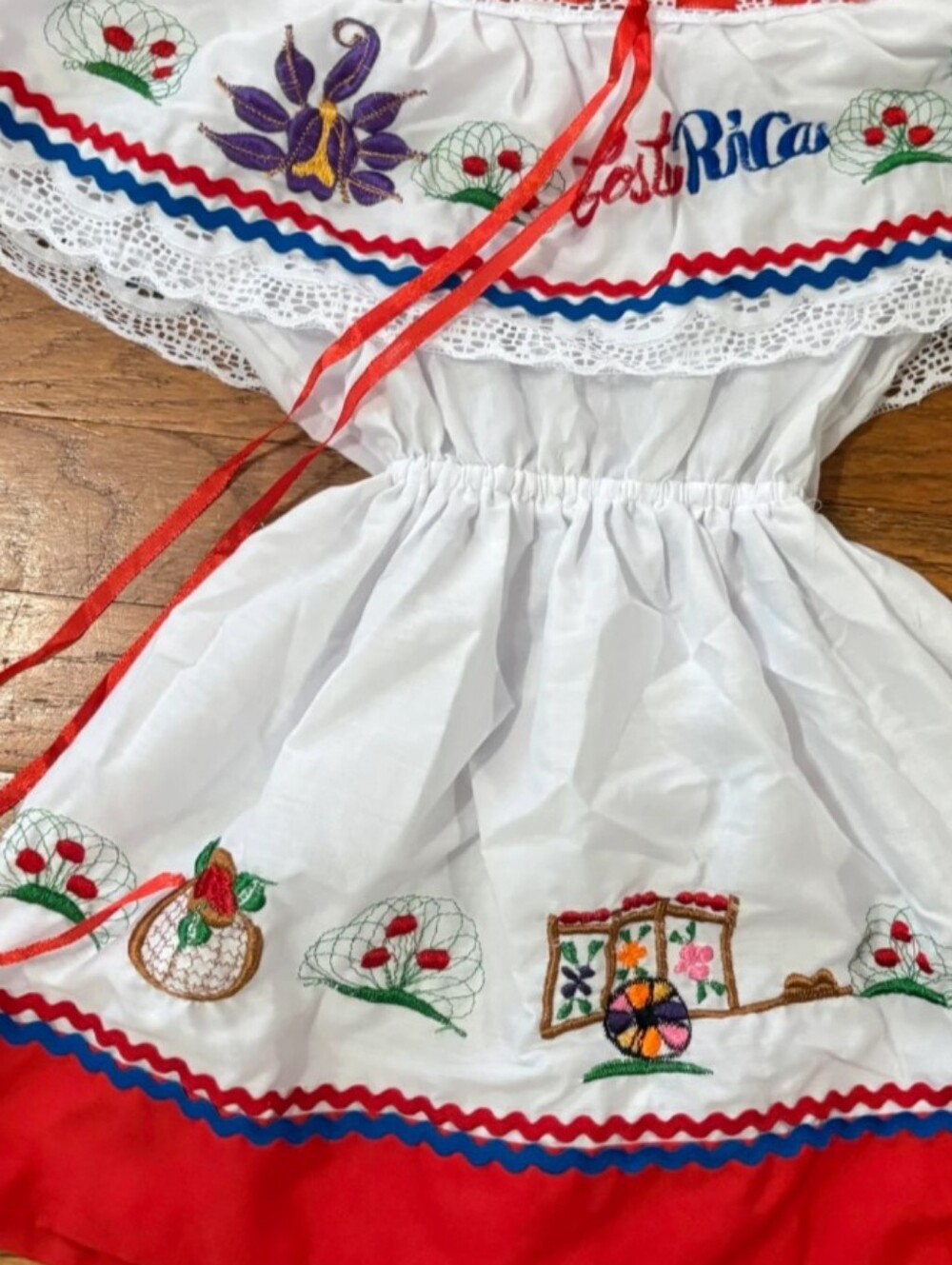 Traditional White and Red Kids Costume Dress - Embroidered Costa Rica  12/18 Mon